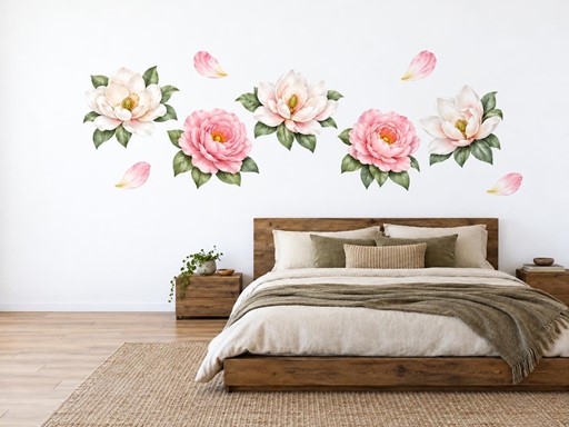 Magnolie a růžové kamélie samolepky na zeď, Magnolie a růžové kamélie tapety na zeď, Magnolie a růžové kamélie dekorace na zeď, Magnolie a růžové kamélie nálepky na zeď