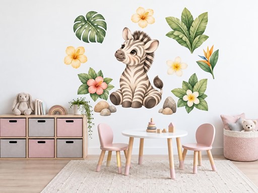 Malá zebra mezi tropickými květy samolepky na zeď, Malá zebra mezi tropickými květy tapety na zeď, Malá zebra mezi tropickými květy dekorace na zeď, Malá zebra mezi tropickými květy nálepky na zeď
