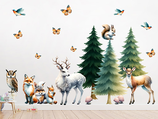 Malovaná lesní zvířátka samolepky na zeď, Malovaná lesní zvířátka nálepky na zeď pro děti, Malovaná lesní zvířátka dětské dekorace na zeď, Malovaná lesní zvířátka samolepící nálepky na zeď