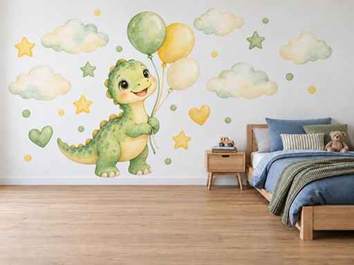 Malý dinosaurus s balonky samolepky na zeď, Malý dinosaurus s balonky tapety na zeď, Malý dinosaurus s balonky dekorace na zeď, Malý dinosaurus s balonky nálepky na zeď