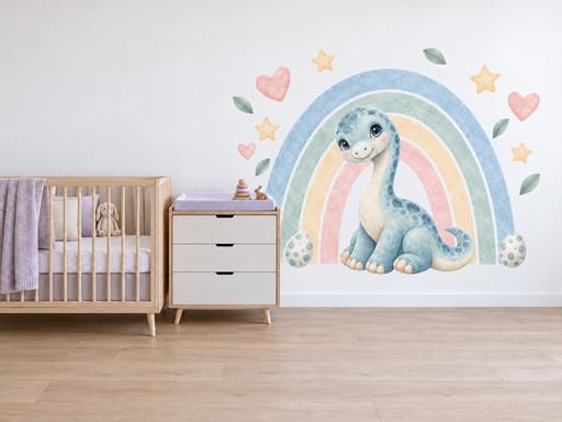 Malý diplodok pod duhou samolepky na zeď, Malý diplodok pod duhou tapety na zeď, Malý diplodok pod duhou dekorace na zeď, Malý diplodok pod duhou nálepky na zeď