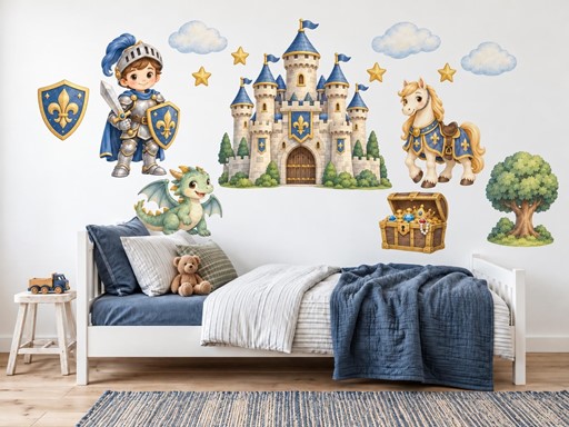Malý rytíř a hrad samolepky na zeď, Malý rytíř a hrad tapety na zeď, Malý rytíř a hrad dekorace na zeď, Malý rytíř a hrad nálepky na zeď