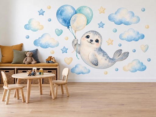 Malý tuleň s balonky samolepky na zeď, Malý tuleň s balonky tapety na zeď, Malý tuleň s balonky dekorace na zeď, Malý tuleň s balonky nálepky na zeď
