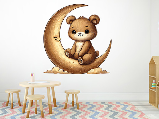 Méďa na mesiaci samolepka na stenu, Méďa na mesiaci nálepka na stenu, Méďa na mesiaci detská dekorácia na stenu, Méďa na mesiaci samolepiaca nálepka na stenu, Méďa na mesiaci samolepka na stenu pre deti
