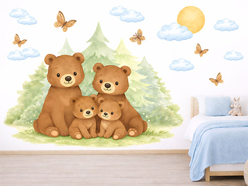 Medvedia rodina samolepky na stenu, Medvedia rodina nálepky na stenu pre deti, Medvedia rodina detské dekorácie na stenu, Medvedia rodina samolepiace nálepky na stenu