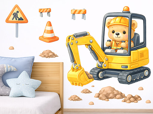 Nálepka na stenu s medvedíkom bagristom, Nálepky na stenu s medvedíkom bagristom, Dekorácia na stenu s medvedíkom bagristom, Samolepiaca dekorácia na stenu s medvedíkom bagristom, Samolepiaca tapeta s medvedíkom bagristom