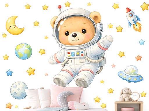 Nálepky na stenu s medvedíkom astronautom, Nálepky na stenu s medvedíkom astronautom pre deti, Detské dekorácie na stenu s medvedíkom astronautom, Samolepiace nálepky na stenu s medvedíkom astronautom