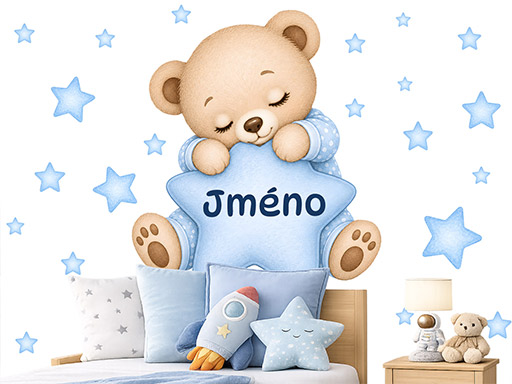 Medvedík s hviezdou a menom – modré nálepky na stenu, Medvedík s hviezdou a menom – modré tapety na stenu, Medvedík s hviezdou a menom – modrá dekorácia na stenu, Medvedík s hviezdou a menom – modré nálepky na stenu