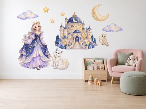 Mesačná princezná a hviezdny zámok nálepky na stenu, Mesačná princezná a hviezdny zámok tapety na stenu, Mesačná princezná a hviezdny zámok dekorácie na stenu, Mesačná princezná a hviezdny zámok samolepky na stenu