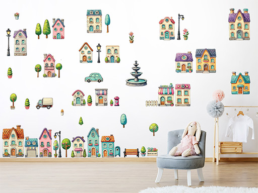 Městečko samolepky na zeď, Městečko nálepky na zeď pro děti, Městečko dětské dekorace na zeď, Městečko samolepící nálepky na zeď