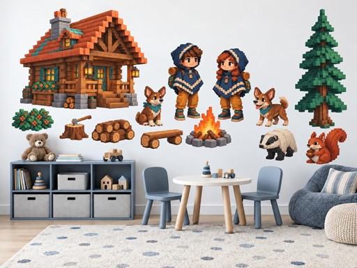 Minecraft Táborníci a pejsci u srubu samolepky na zeď, Minecraft Táborníci a pejsci u srubu tapety na zeď, Minecraft Táborníci a pejsci u srubu dekorace na zeď, Minecraft Táborníci a pejsci u srubu nálepky na zeď