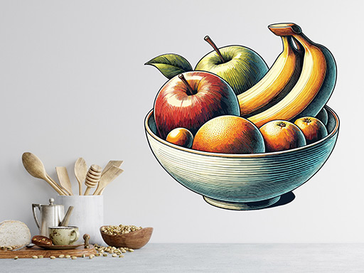 Misa s ovocím samolepka na stenu, Misa s ovocím nálepky na stenu, Misa s ovocím dekorácie na stenu, Misa s ovocím samolepiaci dekor na steny, Misa s ovocím samolepiace tapety na stenu