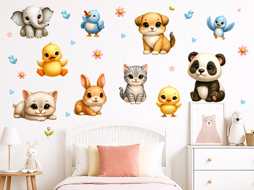 Mláďata zvířat samolepka na zeď, Mláďata zvířat nálepky na zeď, Mláďata zvířat dekorace na stěnu, Mláďata zvířat samolepící dekor na stěny, Mláďata zvířat samolepící tapety na zeď