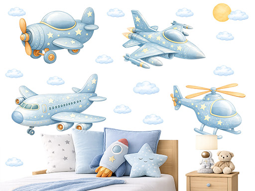 Modré nálepky na stenu s motívom lietadla, Modré nálepky na stenu s motívom lietadla pre deti, Modré detské dekorácie na stenu s motívom lietadla, Modré samolepiace nálepky na stenu s motívom lietadla