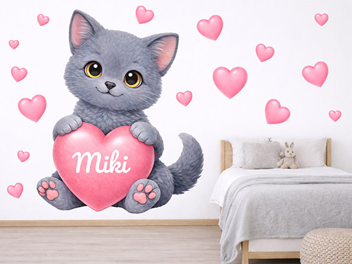 Modré mačiatko so srdiečkom a menom