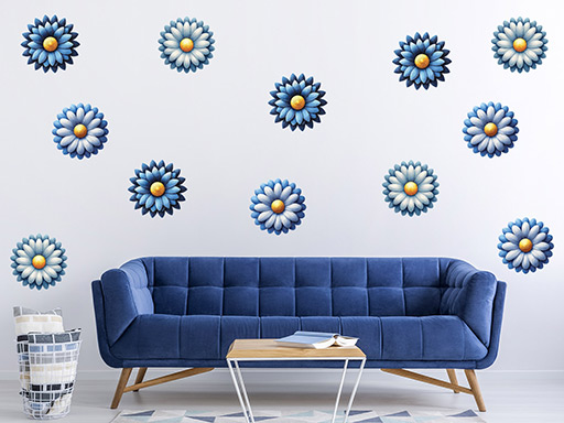 Modré kvety 12 ks samolepky na stenu, Modré kvety 12 ks nálepky na stenu, Modré kvety 12 ks dekorácie na stenu, Modré kvety 12 ks samolepiace nálepky na stenu