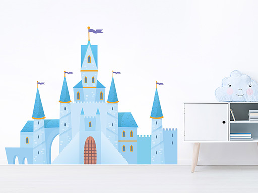 Modrý hrad samolepky na stenu, Modrý zámok nálepky na stenu pre deti, Modrý hrad detské dekorácie na stenu, Modrý hrad samolepiace nálepky na stenu