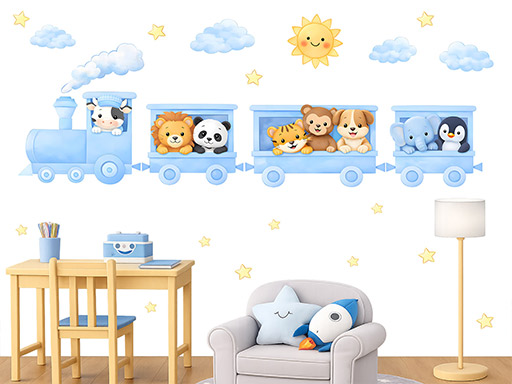 Modrý vlak pre chlapcov nálepky na stenu, Modrý vlak pre chlapcov nálepky na stenu pre deti, Modrý vlak pre chlapcov detské dekorácie na stenu, Modrý vlak pre chlapcov samolepiace nálepky na stenu