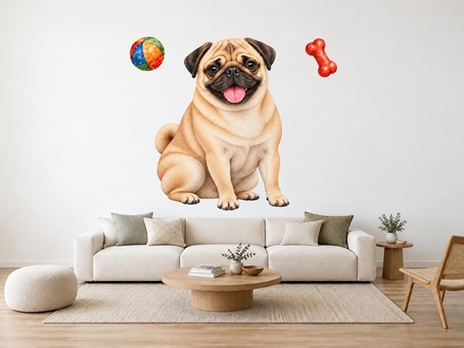 Mops s míčkem a kostí