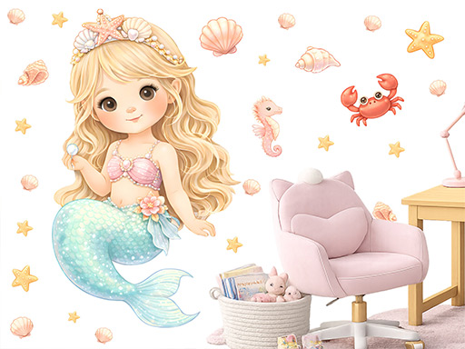 Morská víla samolepka na stenu, Morská víla nálepky na stenu, Morská víla dekorácie na stenu, Morská víla samolepiaci dekor na steny, Morská víla samolepiace tapety na stenu