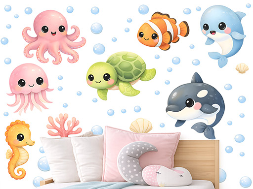 Nálepky s morskými zvieratkami na stenu, Samolepky s morskými zvieratkami na stenu, Tapety s morskými zvieratkami na stenu, Dekorácie s morskými zvieratkami na stenu, Textilné samolepky s morskými zvieratkami na stenu