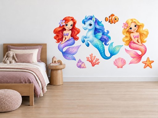 Mořské víly a mořský poník samolepky na zeď, Mořské víly a mořský poník tapety na zeď, Mořské víly a mořský poník dekorace na zeď, Mořské víly a mořský poník nálepky na zeď