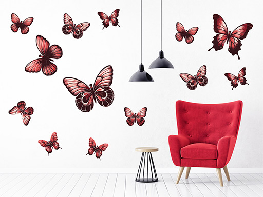 Motýle červené 13 ks, samolepky na stenu motýle červené 13 ks, nálepky na stenu motýliky červené 13 ks, dekorácia na stenu motýliky červené 13 ks