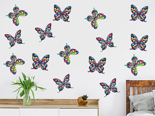 3D dekorace motýli pestří, 3D samolepky na zeď motýli pestrá, 3D nálepky na zeď motýlci pestří, 3D dekorace na stěnu motýlci pestrá