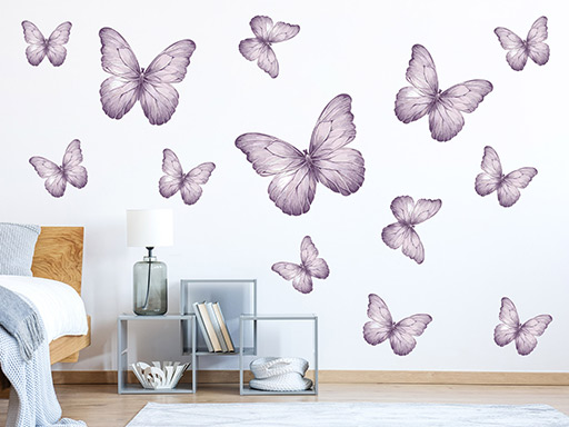 Motýle svetlo fialový 13 ks, samolepky na stenu motýle svetlo fialový 13 ks, nálepky na stenu motýliky svetlo fialový 13 ks, dekorácia na stenu motýliky svetlo fialový 13 ks