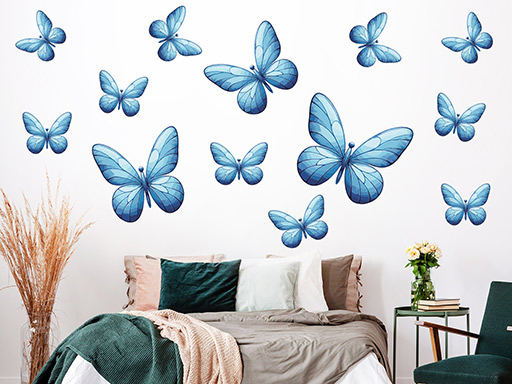 Motýle svetlo modrí 13 ks, samolepky na stenu motýle svetlo modrí 13 ks, nálepky na stenu motýliky svetlo modrí 13 ks, dekorácia na stenu motýliky svetlo modrí 13 ks