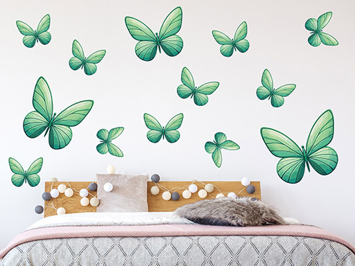 Motýle svetlo zeleňou 13 ks, samolepky na stenu motýle svetlo zeleňou 13 ks, nálepky na stenu motýliky svetlo zeleňou 13 ks, dekorácia na stenu motýliky svetlo zeleňou 13 ks