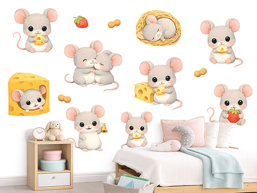 Nálepky na stenu s motívom myší, Nálepky na stenu s motívom myší pre deti, Detské dekorácie na stenu s motívom myší, Samolepiace nálepky na stenu s motívom myší