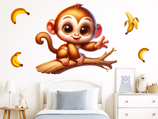 Opička na větvi samolepky na zeď, Opička na větvi nálepky na zeď pro děti, Opička na větvi dětské dekorace na zeď, Opička na větvi samolepící nálepky na zeď