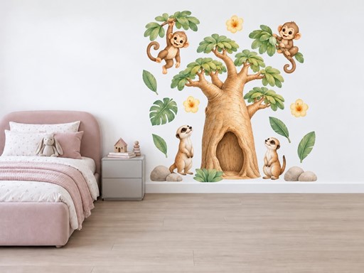 Opičky a surikaty u baobabu samolepky na zeď, Opičky a surikaty u baobabu tapety na zeď, Opičky a surikaty u baobabu dekorace na zeď, Opičky a surikaty u baobabu nálepky na zeď