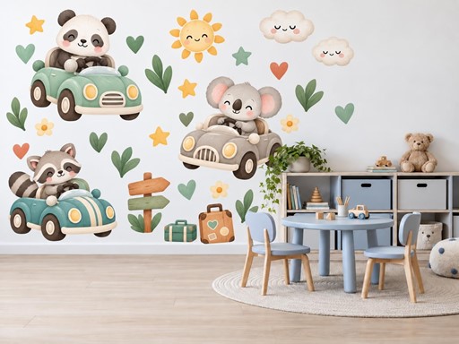 Panda s kamarády v autíčkách samolepky na zeď, Panda s kamarády v autíčkách tapety na zeď, Panda s kamarády v autíčkách dekorace na zeď, Panda s kamarády v autíčkách nálepky na zeď