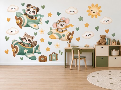 Panda s kamarády v letadlech samolepky na zeď, Panda s kamarády v letadlech tapety na zeď, Panda s kamarády v letadlech dekorace na zeď, Panda s kamarády v letadlech nálepky na zeď