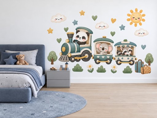 Panda strojvedoucí a kamarádi samolepky na zeď, Panda strojvedoucí a kamarádi tapety na zeď, Panda strojvedoucí a kamarádi dekorace na zeď, Panda strojvedoucí a kamarádi nálepky na zeď