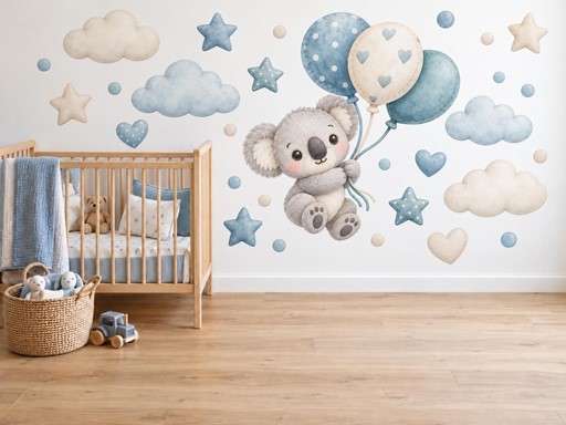 Plyšová koala s balonky samolepky na zeď, Plyšová koala s balonky tapety na zeď, Plyšová koala s balonky dekorace na zeď, Plyšová koala s balonky nálepky na zeď