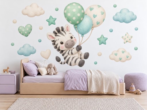 Plyšová zebra s balónky samolepky na zeď, Plyšová zebra s balónky tapety na zeď, Plyšová zebra s balónky dekorace na zeď, Plyšová zebra s balónky nálepky na zeď