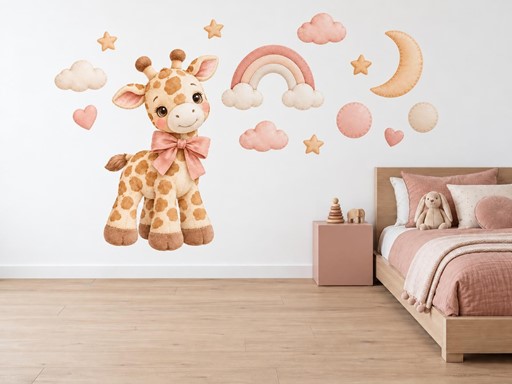 Plyšová žirafka s duhou samolepky na zeď, Plyšová žirafka s duhou tapety na zeď, Plyšová žirafka s duhou dekorace na zeď, Plyšová žirafka s duhou nálepky na zeď