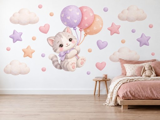 Plyšové koťátko s balonky samolepky na zeď, Plyšové koťátko s balonky tapety na zeď, Plyšové koťátko s balonky dekorace na zeď, Plyšové koťátko s balonky nálepky na zeď