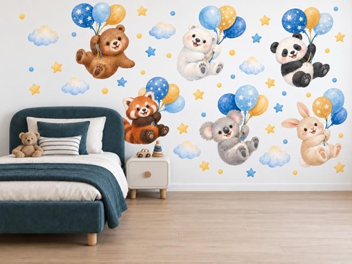 Plyšoví kamarádi s balonky samolepky na zeď, Plyšoví kamarádi s balonky tapety na zeď, Plyšoví kamarádi s balonky dekorace na zeď, Plyšoví kamarádi s balonky nálepky na zeď