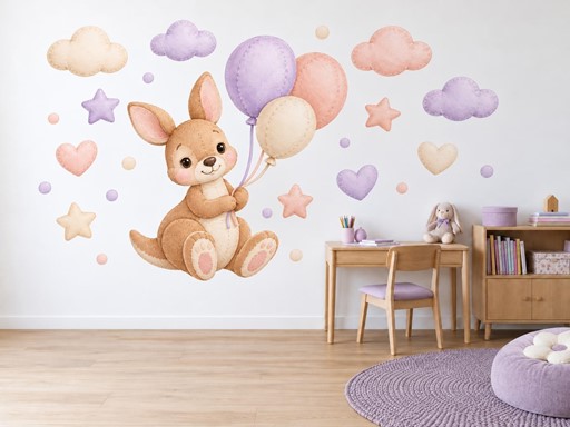 Plyšový klokánek s balónky samolepky na zeď, Plyšový klokánek s balónky tapety na zeď, Plyšový klokánek s balónky dekorace na zeď, Plyšový klokánek s balónky nálepky na zeď