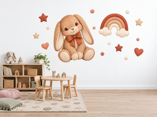Plyšový králíček s duhou samolepky na zeď, Plyšový králíček s duhou tapety na zeď, Plyšový králíček s duhou dekorace na zeď, Plyšový králíček s duhou nálepky na zeď