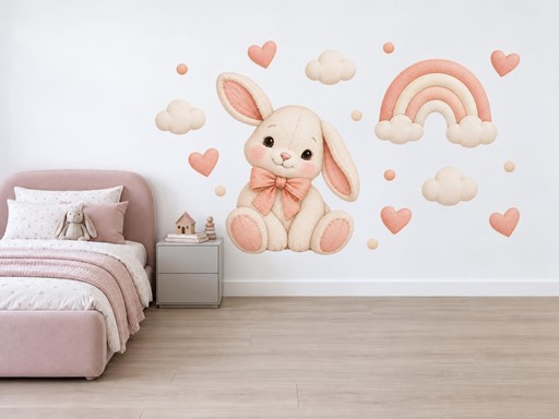 Plyšový králíček s mašlí samolepky na zeď, Plyšový králíček s mašlí tapety na zeď, Plyšový králíček s mašlí dekorace na zeď, Plyšový králíček s mašlí nálepky na zeď
