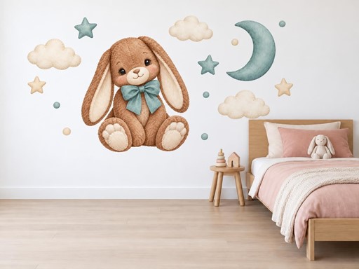 Plyšový králíček s mašlí samolepky na zeď, Plyšový králíček s mašlí tapety na zeď, Plyšový králíček s mašlí dekorace na zeď, Plyšový králíček s mašlí nálepky na zeď
