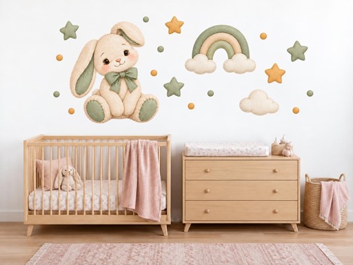 Plyšový králíček s mašlí samolepky na zeď, Plyšový králíček s mašlí tapety na zeď, Plyšový králíček s mašlí dekorace na zeď, Plyšový králíček s mašlí nálepky na zeď