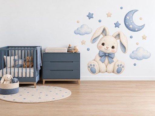 Plyšový králíček s měsícem samolepky na zeď, Plyšový králíček s měsícem tapety na zeď, Plyšový králíček s měsícem dekorace na zeď, Plyšový králíček s měsícem nálepky na zeď
