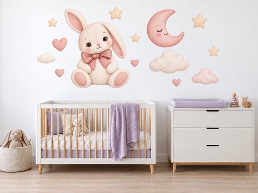 Plyšový králíček s měsícem samolepky na zeď, Plyšový králíček s měsícem tapety na zeď, Plyšový králíček s měsícem dekorace na zeď, Plyšový králíček s měsícem nálepky na zeď