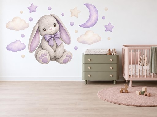 Plyšový zajíček s mašlí samolepky na zeď, Plyšový zajíček s mašlí tapety na zeď, Plyšový zajíček s mašlí dekorace na zeď, Plyšový zajíček s mašlí nálepky na zeď